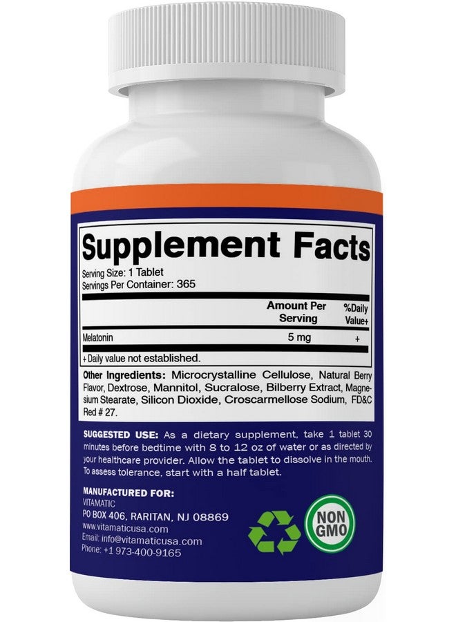 Vitamatic Melatonin 5 mg Tablets | Vegetarian, Non-GMO, Gluten Free | 1 Year Supply | Natural Berry Flavor - 365 Tablets - Image 5