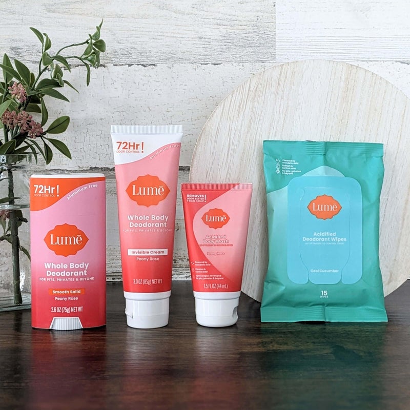 Lume Skin Care Gift Set for Women, Whole Body Deodorant Starter Pack - Smooth Solid Stick, Invisible Cream Tube, Acidified Body Wash Mini & Deodorant Wipes - Aluminum Free Odor Control (Peony Rose) - Image 4