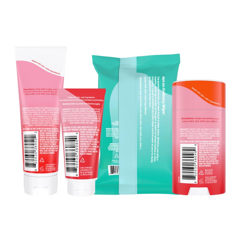 Lume Skin Care Gift Set for Women, Whole Body Deodorant Starter Pack - Smooth Solid Stick, Invisible Cream Tube, Acidified Body Wash Mini & Deodorant Wipes - Aluminum Free Odor Control (Peony Rose) - Image 2