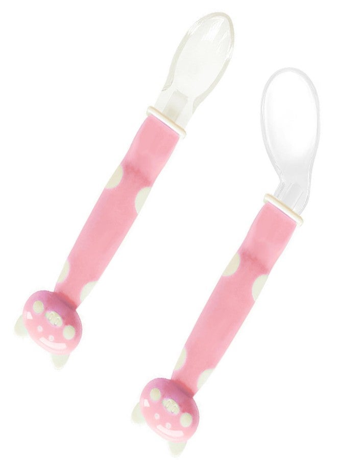 Mopslik Soft Silicone Gel Tip Baby Infant Feeding 1st and 2nd Stage Training Cartoon Animal Spoon Pack of 2 (Pink) - Image 1