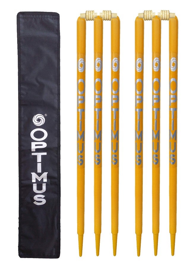 Optimus® Cricket Wooden Stumps Wickets Full Size (Eucalyptus Heavy Wood) Set of 6 with 4 Bails with Tetron Cover - Yellow - Image 1