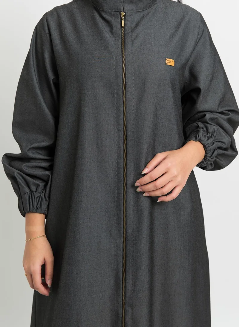 Kaafmeem Gray Denim Zipper Abaya