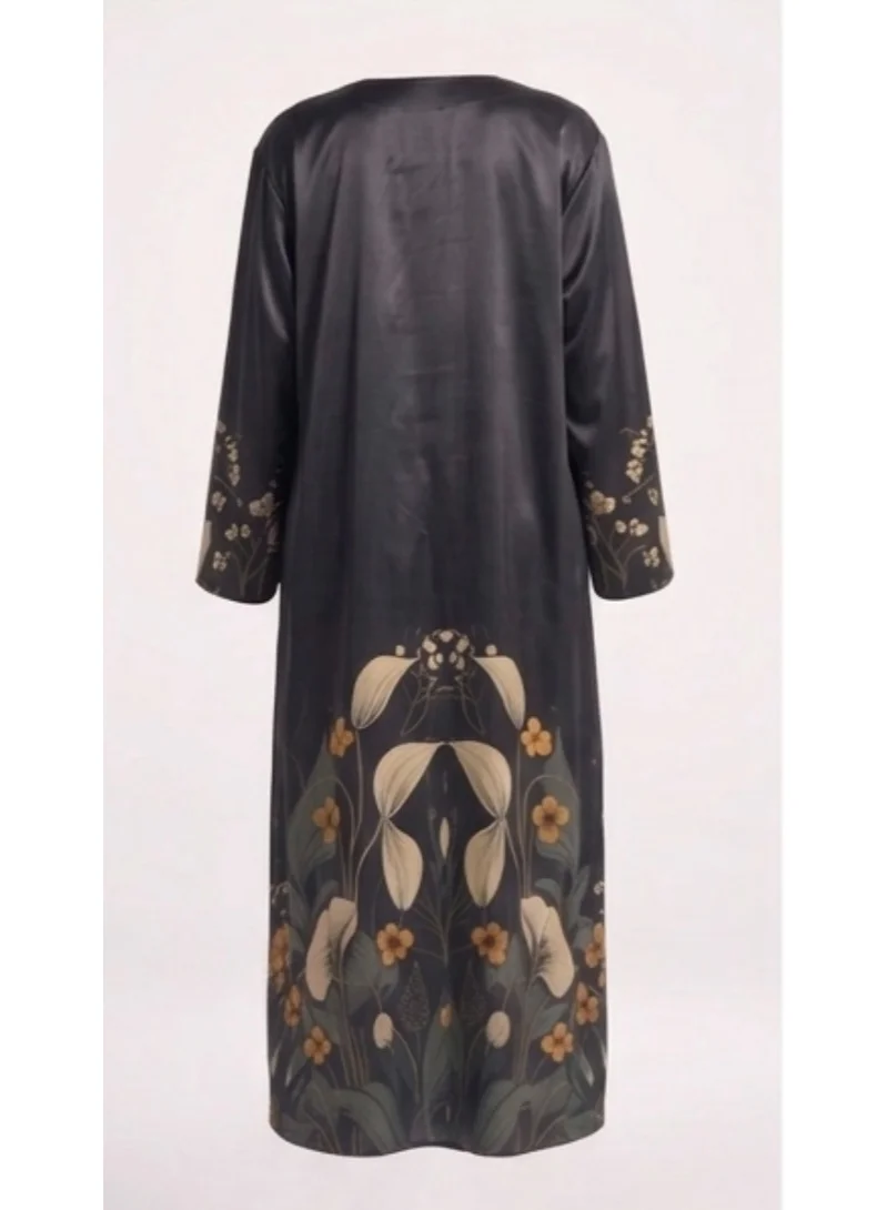 Amnad International  Premium Silk Abaya for Women, Black Floral Printed Modest Dress with Matching Hijab, , Sizes 52-60 inches for Women | Best Price UAE
