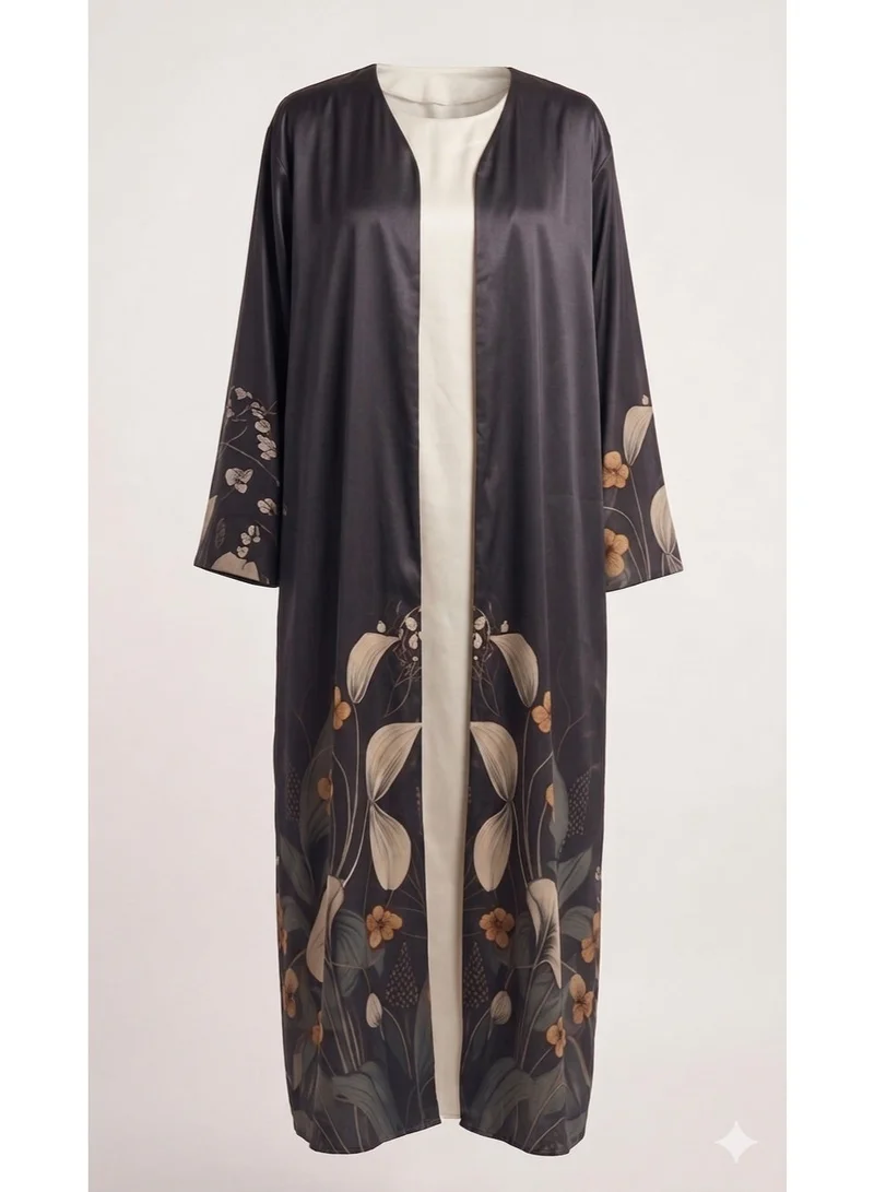 Amnad International Premium Silk Abaya for Women, Black Floral Printed Modest Dress with Matching Hijab, , Sizes 52-60 inches