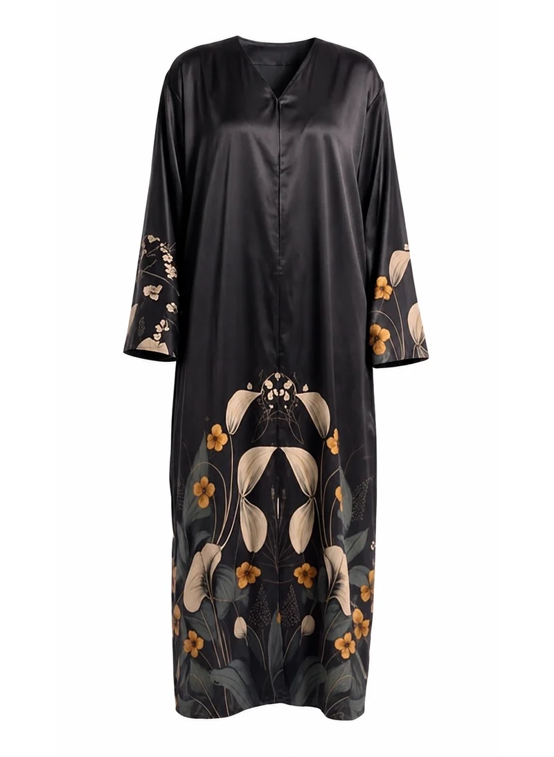 Amnad International Premium Silk Abaya for Women, Black Floral Printed Modest Dress with Matching Hijab, , Sizes 52-60 inches