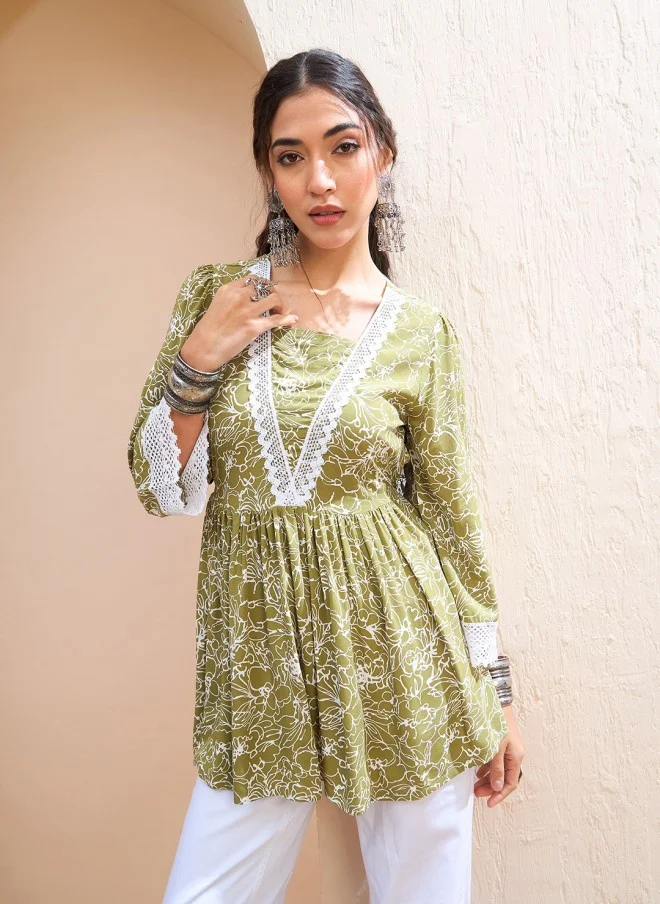 SASSAFRAS Floral Printed V-Neck Kurti for Women