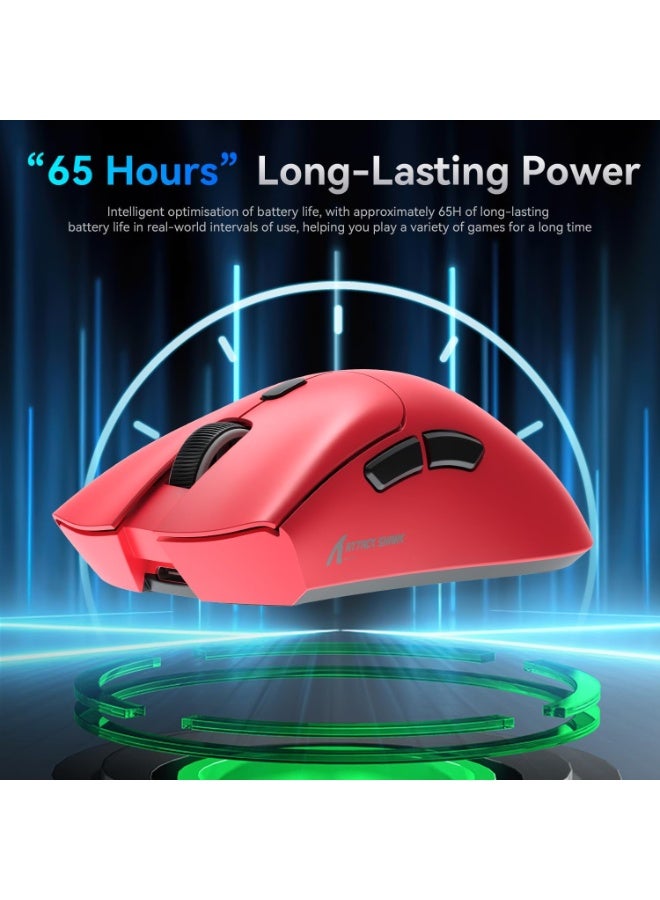 هجوم القرش ماوس العاب هجوم القرش R1 فائق الخفة 59 جرام مع شريط ماوس ألعاب لاسلكي/سلكي بتقنية البلوتوث/2.4 جيجاهرتز دقة 6 نقاط في البوصة قابلة للتعديل حتى 18000 بطارية تدوم 65 ساعة تاتي مع ملصق اللون احمر - Image 5