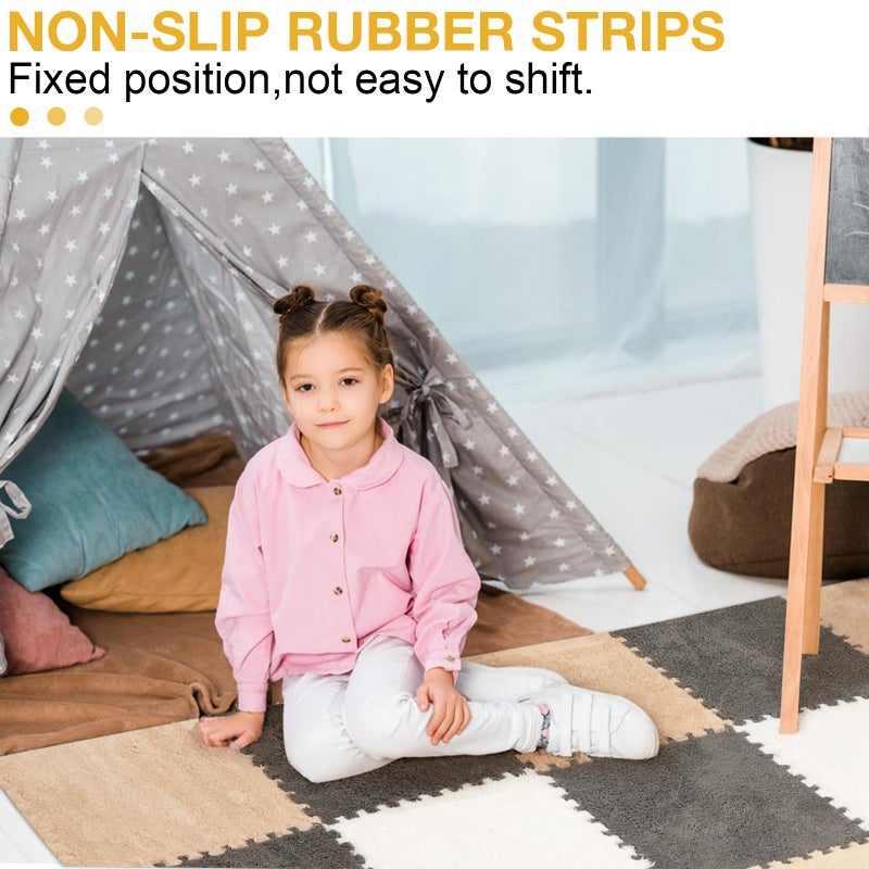 ZENOWICK 12 Pcs Plush Interlocking Carpet Tiles, Non-Toxic Foam Carpet Tiles for Toddler Baby, Anti-Slip, EVA Foam Interlocking Tiles for Floor, Nursery, Grey White Light Brown - Image 2