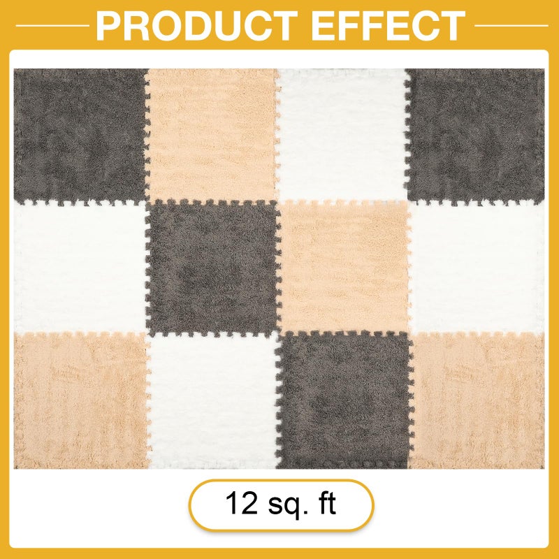 ZENOWICK 12 Pcs Plush Interlocking Carpet Tiles, Non-Toxic Foam Carpet Tiles for Toddler Baby, Anti-Slip, EVA Foam Interlocking Tiles for Floor, Nursery, Grey White Light Brown - Image 4
