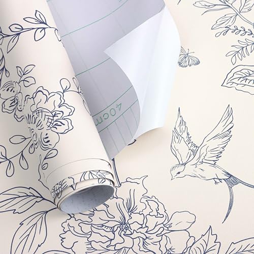 Froluya Cream White and Blue Floral Wallpaper Peel and Stick Wallpaper 17.7"x118.1" Vintage Floral Peel and Stick Wall Paper Removable Boho Self Adhesive Contact Paper for Bedroom Bathroom Vinyl - Image 5