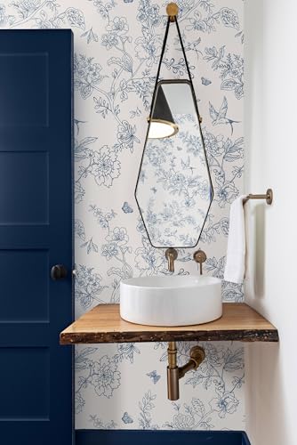 Froluya Cream White and Blue Floral Wallpaper Peel and Stick Wallpaper 17.7"x118.1" Vintage Floral Peel and Stick Wall Paper Removable Boho Self Adhesive Contact Paper for Bedroom Bathroom Vinyl - Image 2