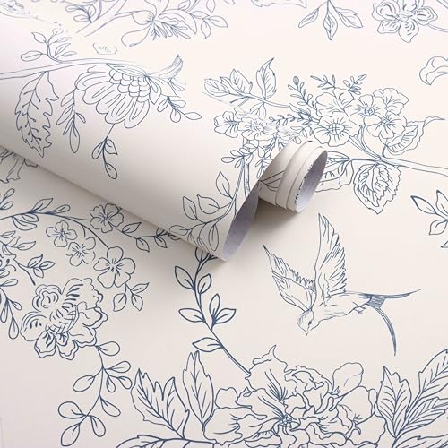 Froluya Cream White and Blue Floral Wallpaper Peel and Stick Wallpaper 17.7"x118.1" Vintage Floral Peel and Stick Wall Paper Removable Boho Self Adhesive Contact Paper for Bedroom Bathroom Vinyl - Image 1