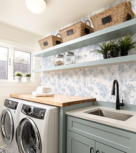 Froluya Cream White and Blue Floral Wallpaper Peel and Stick Wallpaper 17.7"x118.1" Vintage Floral Peel and Stick Wall Paper Removable Boho Self Adhesive Contact Paper for Bedroom Bathroom Vinyl - Image 3