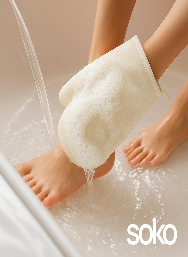 Soko Luxury Exfoliating Body Glove Loofah - Bathing Shower Mitts for Deep Dead Skin Removal | Exfoliator with Premium Ergonomic Design, Tan Removal & Smooth Suitable for Women, Men- White - Image 2