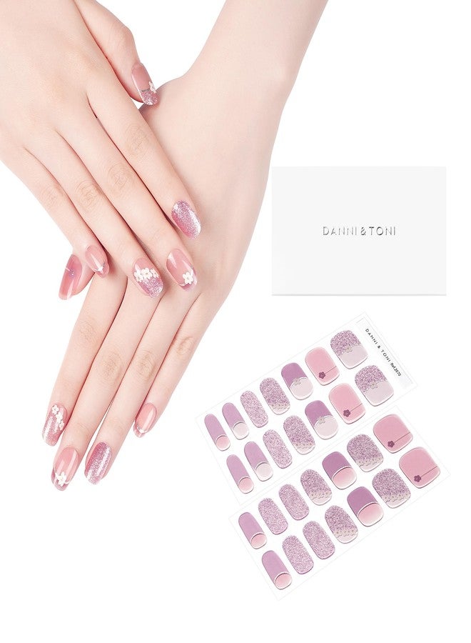 DANNI & TONI Semi Cured Gel Nail Strips Purple (Spring Whisper) French Tip Flowers Gel Nail Wraps UV Nails 28 Stickers - Image 1