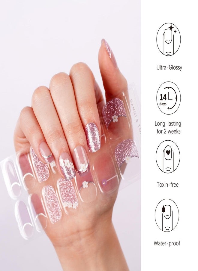 DANNI & TONI Semi Cured Gel Nail Strips Purple (Spring Whisper) French Tip Flowers Gel Nail Wraps UV Nails 28 Stickers - Image 2