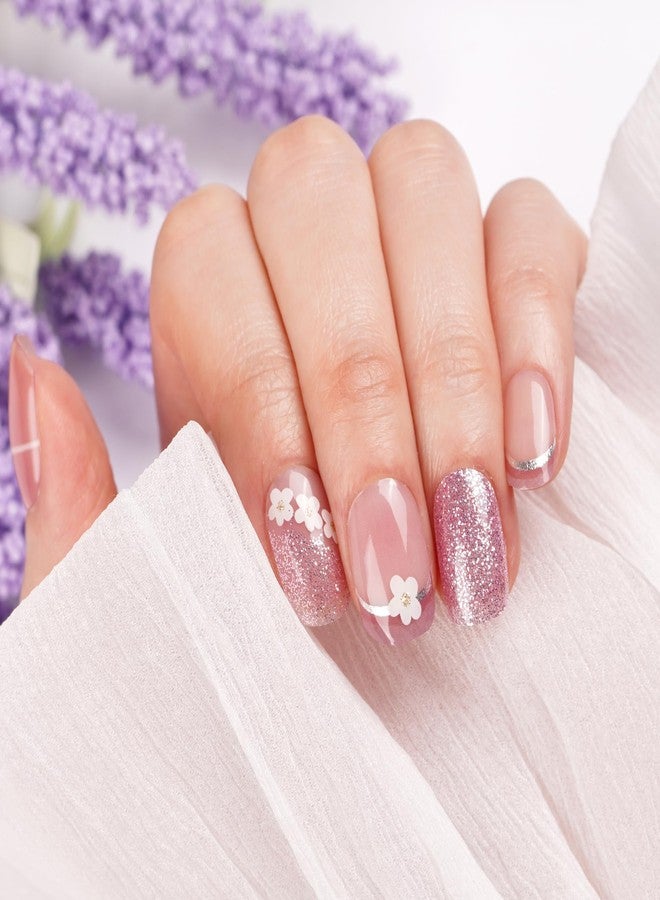 DANNI & TONI Semi Cured Gel Nail Strips Purple (Spring Whisper) French Tip Flowers Gel Nail Wraps UV Nails 28 Stickers - Image 4