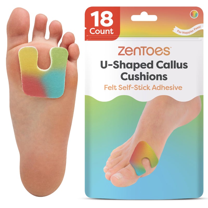 ZenToes Callus Pads | U-Shaped Design Moleskin Blister Pads | Self-Stick Adhesive Felt All Day Comfort Cushions for Calluses and Corns | Reduce Pressure and Friction | 18 Count (ZenRainbow) - Image 1