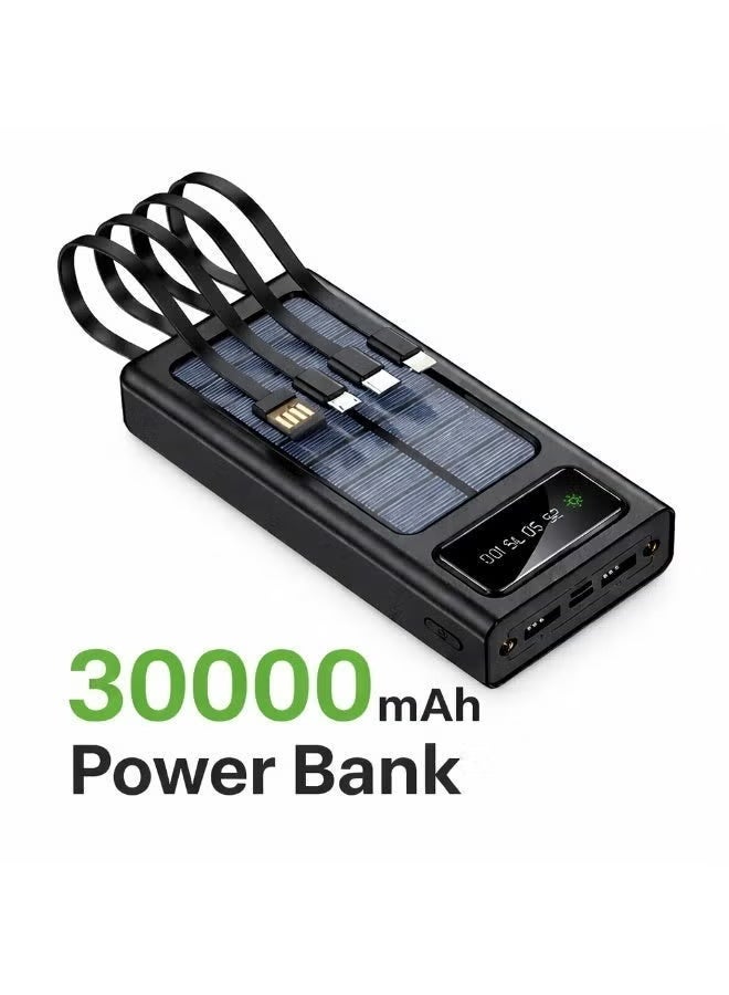30000mAh High-Capacity Solar Power Bank with Dual USB Fast Charging, Portable External Battery Pack Featuring Built-in LED Flashlight, Durable Outdoor Design for Travel, Camping, and Emergency Power Backup in Black