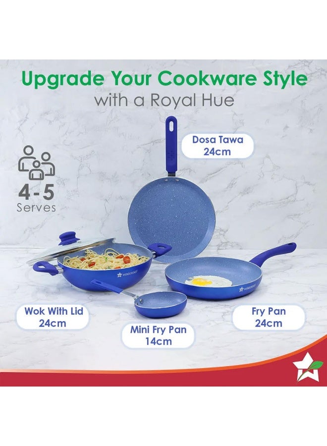 Wonderchef Royal Velvet 4Pc Non-Stick Cookware Set for Kitchen, Fry Pan 24cm, Mini Fry Pan 14cm, Wok with Lid 24cm, Dosa Tawa 24cm, Non-Toxic, Gas Stove & Induction Friendly, 2-Yr Warranty, Blue - Image 3