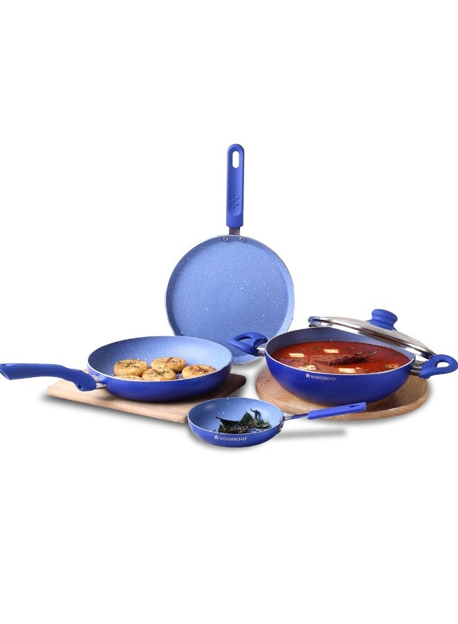 Wonderchef Royal Velvet 4Pc Non-Stick Cookware Set for Kitchen, Fry Pan 24cm, Mini Fry Pan 14cm, Wok with Lid 24cm, Dosa Tawa 24cm, Non-Toxic, Gas Stove & Induction Friendly, 2-Yr Warranty, Blue - Image 1