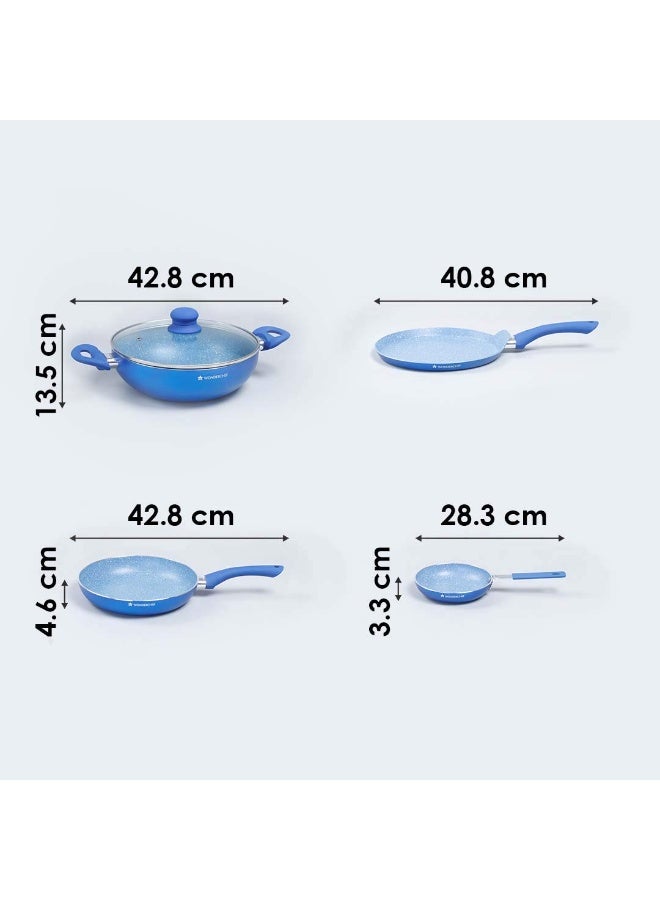 Wonderchef Royal Velvet 4Pc Non-Stick Cookware Set for Kitchen, Fry Pan 24cm, Mini Fry Pan 14cm, Wok with Lid 24cm, Dosa Tawa 24cm, Non-Toxic, Gas Stove & Induction Friendly, 2-Yr Warranty, Blue - Image 2