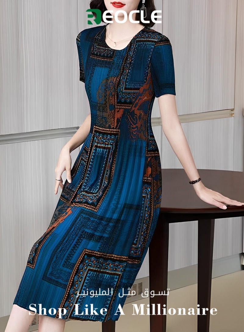 REOCLE New Large Size Retro Dress Summer Korean Style Fashion Slim Skirt Round Neck Casual Printed Dress Women's Trend - Image 1