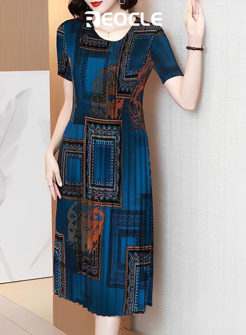 REOCLE New Large Size Retro Dress Summer Korean Style Fashion Slim Skirt Round Neck Casual Printed Dress Women's Trend - Image 3