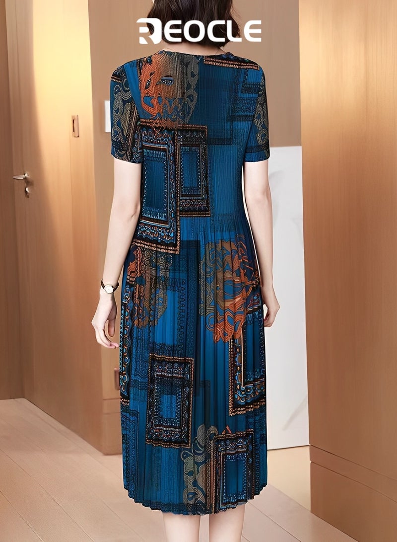 REOCLE New Large Size Retro Dress Summer Korean Style Fashion Slim Skirt Round Neck Casual Printed Dress Women's Trend - Image 4