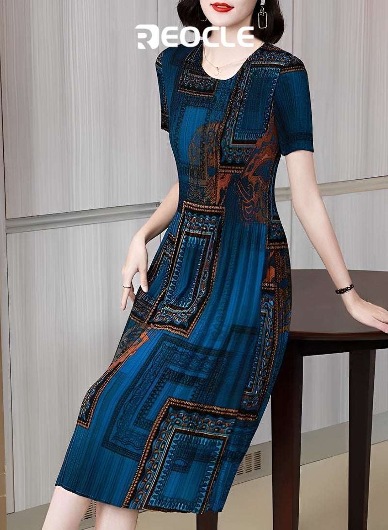 REOCLE New Large Size Retro Dress Summer Korean Style Fashion Slim Skirt Round Neck Casual Printed Dress Women's Trend - Image 2