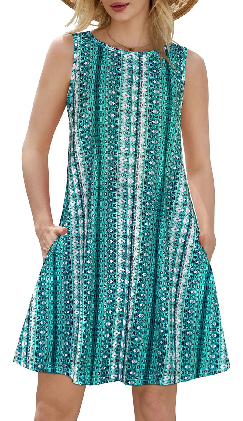 elescat Women Sun Dresses for Summer Tee Shirt Sleeveless Club Plus Sized Tank Sundresses(Green Vertical Stripe,XL) - Image 2