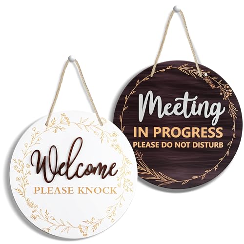 Jeoronuly Meeting in Progress Door Sign - In a Meeting Sign for Office Door, Double-Sided Wood Conference Room Decoration, Do Not Disturb Meeting, Welcome Please Knock, 9.8 Inch Round - Image 1