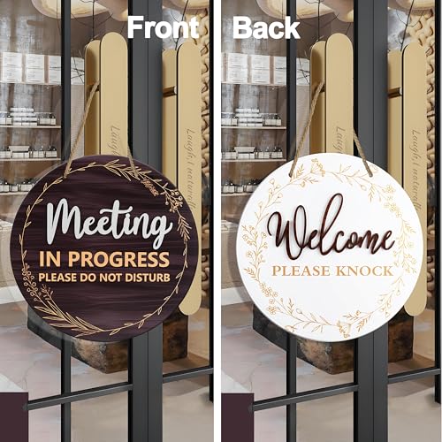 Jeoronuly Meeting in Progress Door Sign - In a Meeting Sign for Office Door, Double-Sided Wood Conference Room Decoration, Do Not Disturb Meeting, Welcome Please Knock, 9.8 Inch Round - Image 3