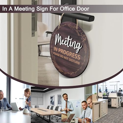Jeoronuly Meeting in Progress Door Sign - In a Meeting Sign for Office Door, Double-Sided Wood Conference Room Decoration, Do Not Disturb Meeting, Welcome Please Knock, 9.8 Inch Round - Image 4