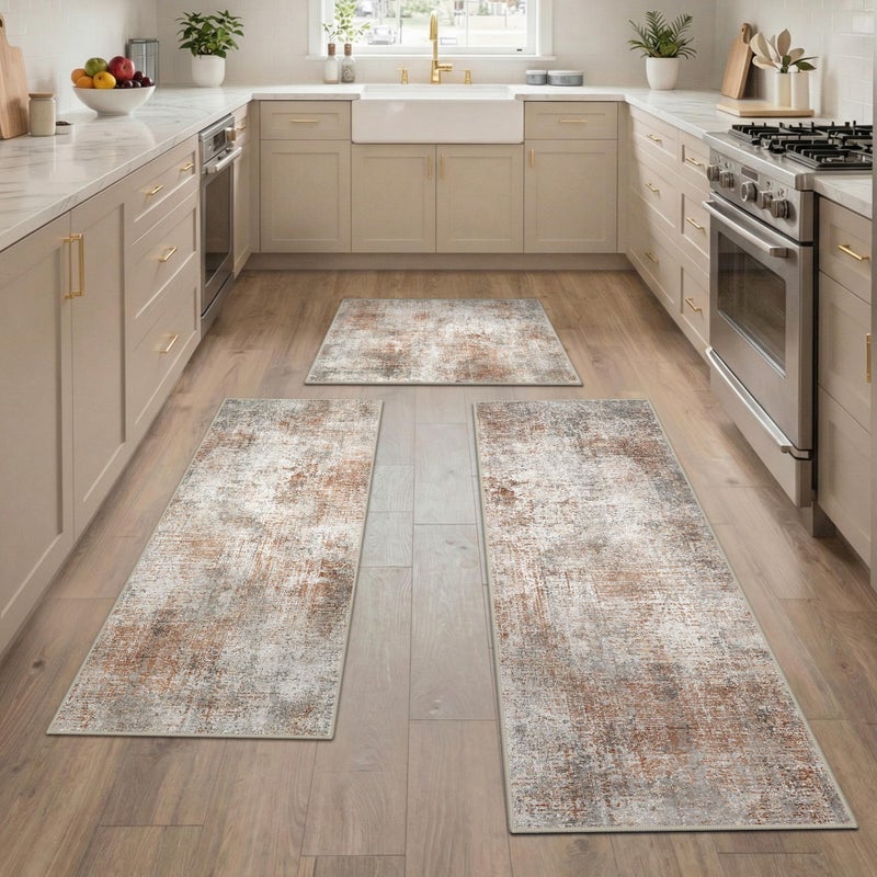 GENIMO Kitchen Rugs Sets of 3 Non Slip Washable Kitchen Mats for Floor, Waterproof Abstract Kitchen Runner Rug, Floor Mat Carpet for Hallway, Laundry, Sink, Entryway, Bathroom, Clay - Image 1