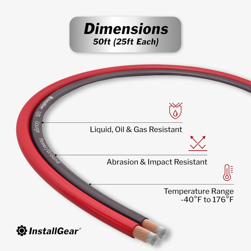 InstallGear 1/0 Gauge Wire (50ft) Copper Clad Aluminum CCA - Battery Cables, Car Amplifier Power and Ground Wire - Automotive, Car Audio Speaker Stereo, RV Trailer, Welding Cable, Primary Wiring - Image 3