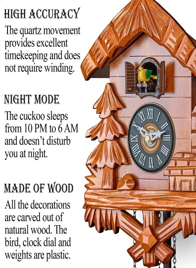TIMEGEAR Wooden Cuckoo Clock with Night Mode, Swinging Pendulum and Quartz Movement (Cherry) - Image 2