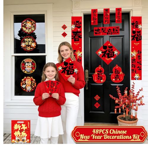 kokolap 48 PCS Chinese New Year Decorations Set 2026 Lunar New Year Party Supplies for Living Room The Year of Horse Static Cling Red Envelopes Spring Festival Couplets Kit Chunlian Paper Hanging Ornaments - Image 2