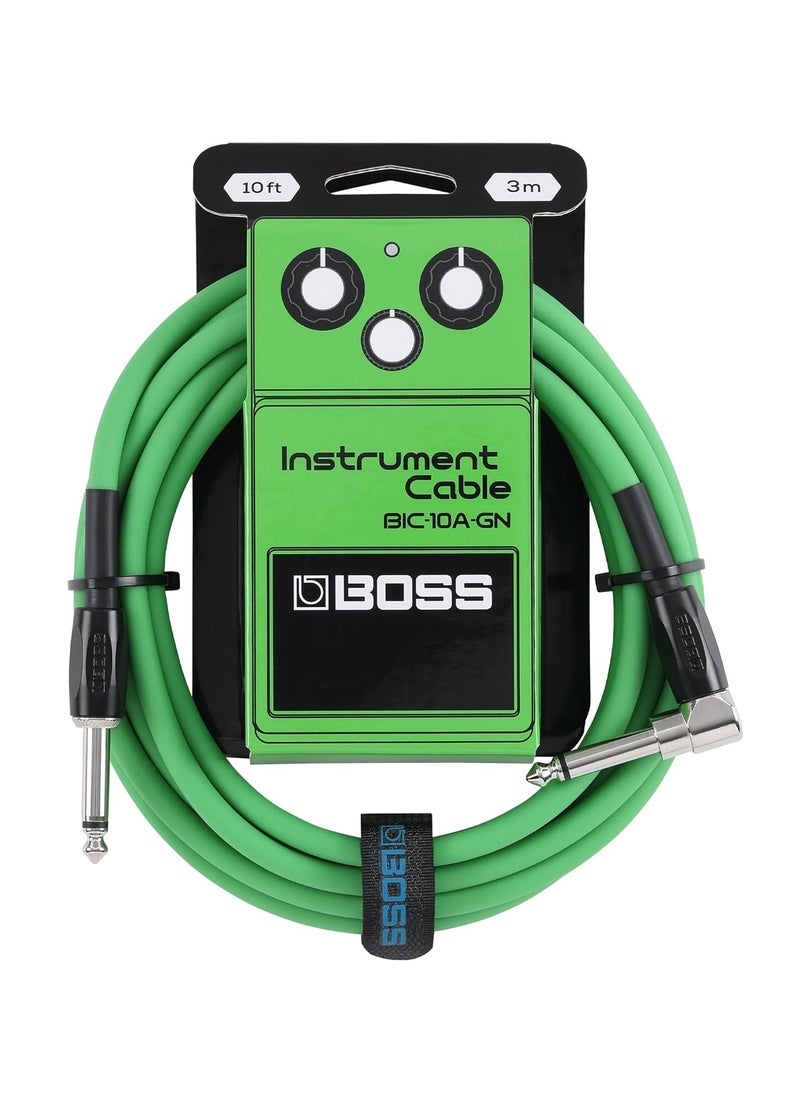 BOSS BIC-10A Instrument Cable, Straight to Right-Angle 1/4" Connectors, Green  - Image 1