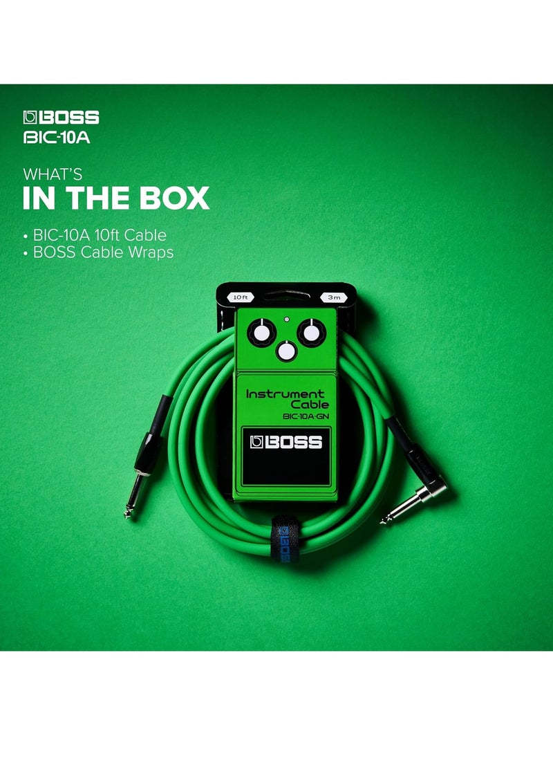 BOSS BIC-10A Instrument Cable, Straight to Right-Angle 1/4" Connectors, Green  - Image 2