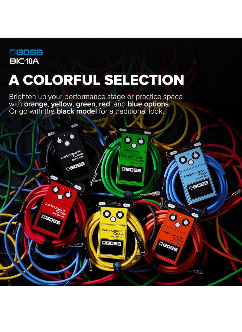 BOSS BIC-10A Instrument Cable, Straight to Right-Angle 1/4" Connectors, Green  - Image 4