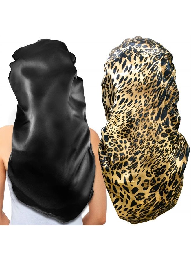Gelme Nutri 2Pcs Long Satin Bonnet Sleep Cap,Extra Large Braids Bonnets for Sleeping,Long Hair,Soft&Comfortable Elastic Band Bonnets for Women Night Sleep,Hair Bonnets for Women Satin (Black+Leopard) - Image 1