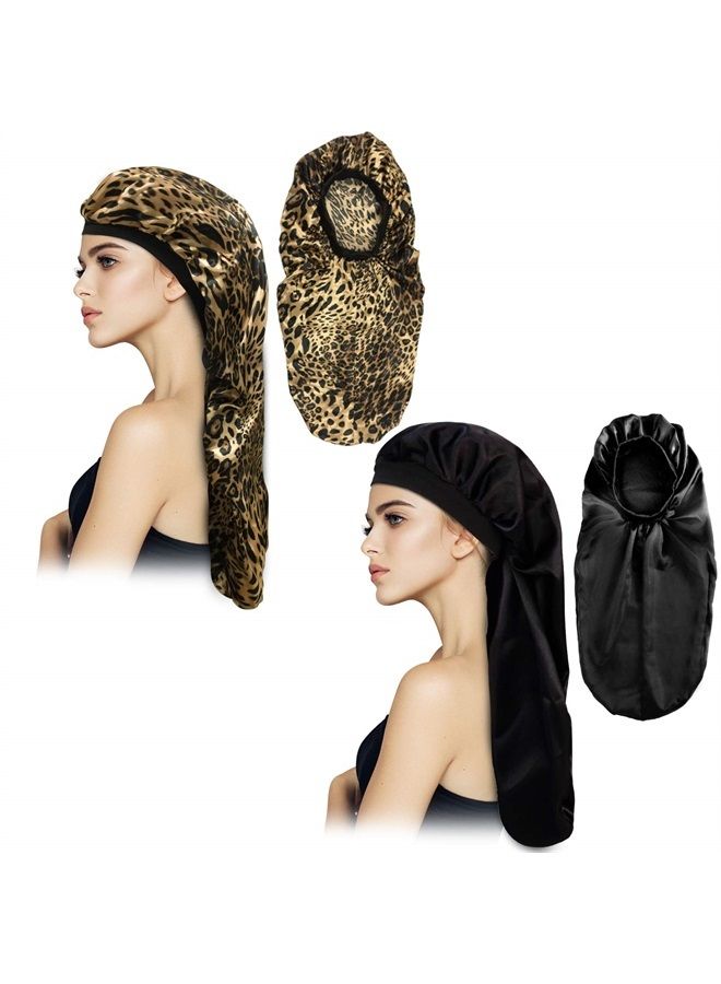 Gelme Nutri 2Pcs Long Satin Bonnet Sleep Cap,Extra Large Braids Bonnets for Sleeping,Long Hair,Soft&Comfortable Elastic Band Bonnets for Women Night Sleep,Hair Bonnets for Women Satin (Black+Leopard) - Image 3