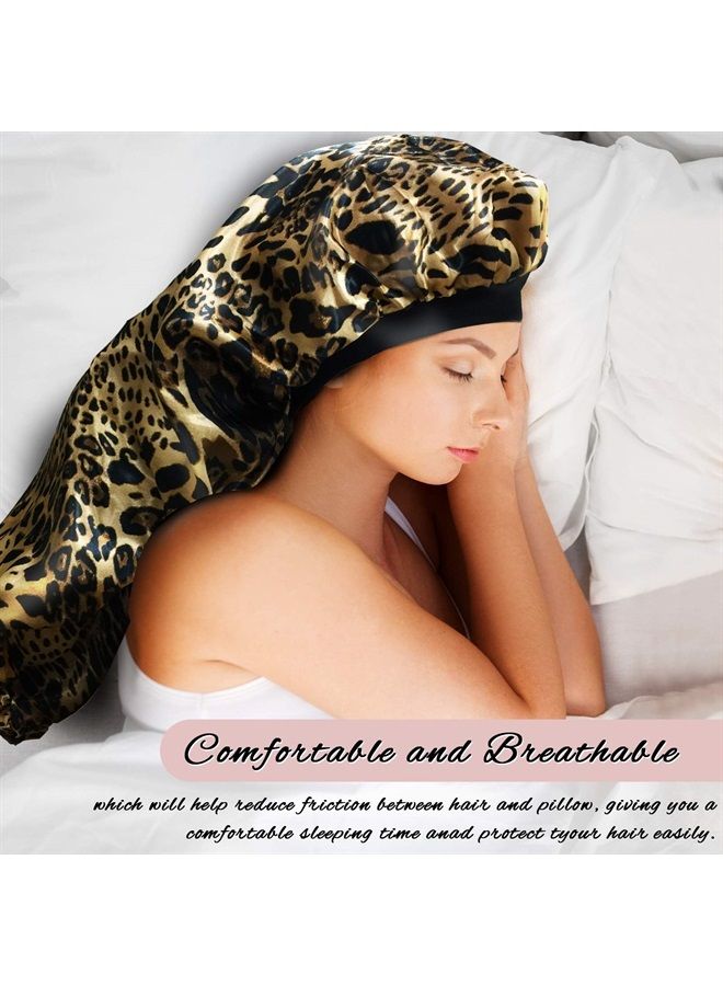 Gelme Nutri 2Pcs Long Satin Bonnet Sleep Cap,Extra Large Braids Bonnets for Sleeping,Long Hair,Soft&Comfortable Elastic Band Bonnets for Women Night Sleep,Hair Bonnets for Women Satin (Black+Leopard) - Image 4