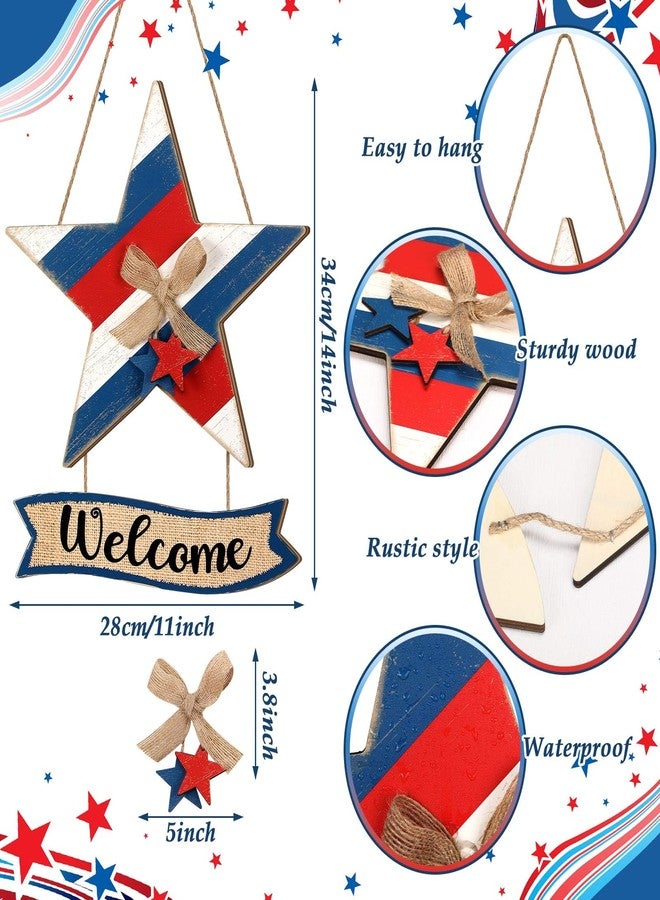 Lineshading 4th of July Door Decorations Patriotic Welcome Wreath for Front Door 250th Anniversary Hanging Sign Wooden Red White Blue Star Sign with Bow for Memorial Day Home Wall Indoor Porch Window - Image 2