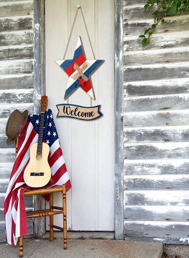 Lineshading 4th of July Door Decorations Patriotic Welcome Wreath for Front Door 250th Anniversary Hanging Sign Wooden Red White Blue Star Sign with Bow for Memorial Day Home Wall Indoor Porch Window - Image 4