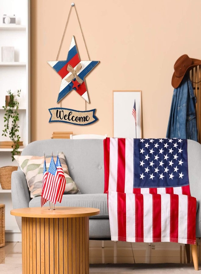 Lineshading 4th of July Door Decorations Patriotic Welcome Wreath for Front Door 250th Anniversary Hanging Sign Wooden Red White Blue Star Sign with Bow for Memorial Day Home Wall Indoor Porch Window - Image 3