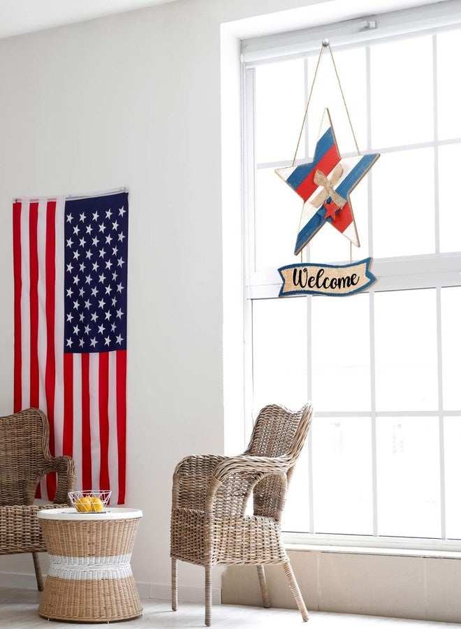 Lineshading 4th of July Door Decorations Patriotic Welcome Wreath for Front Door 250th Anniversary Hanging Sign Wooden Red White Blue Star Sign with Bow for Memorial Day Home Wall Indoor Porch Window - Image 5