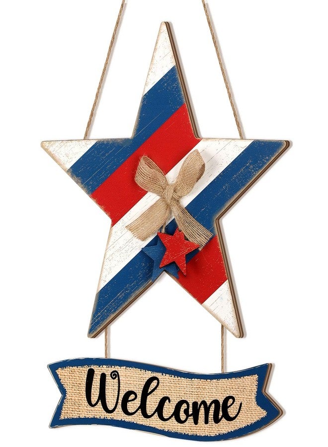 Lineshading 4th of July Door Decorations Patriotic Welcome Wreath for Front Door 250th Anniversary Hanging Sign Wooden Red White Blue Star Sign with Bow for Memorial Day Home Wall Indoor Porch Window - Image 1