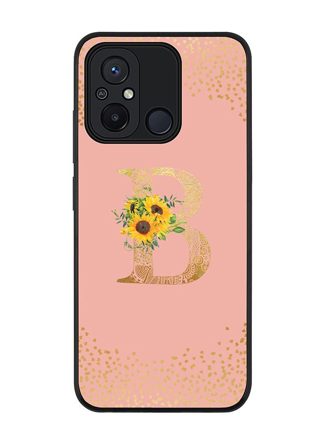 Rugged Black edge case for Xiaomi Redmi 12C 4G, Slim fit Soft Case Flexible Rubber Edges Anti Drop TPU Gel Thin Cover -  Custom Monogram Initial Letter Floral Pattern Alphabet - B  (Rose Pink )